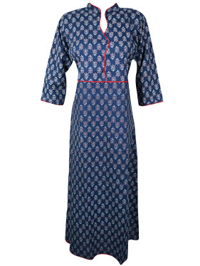 Blue Anarkali Long Tunic Cotton Boho Hippie Dress M